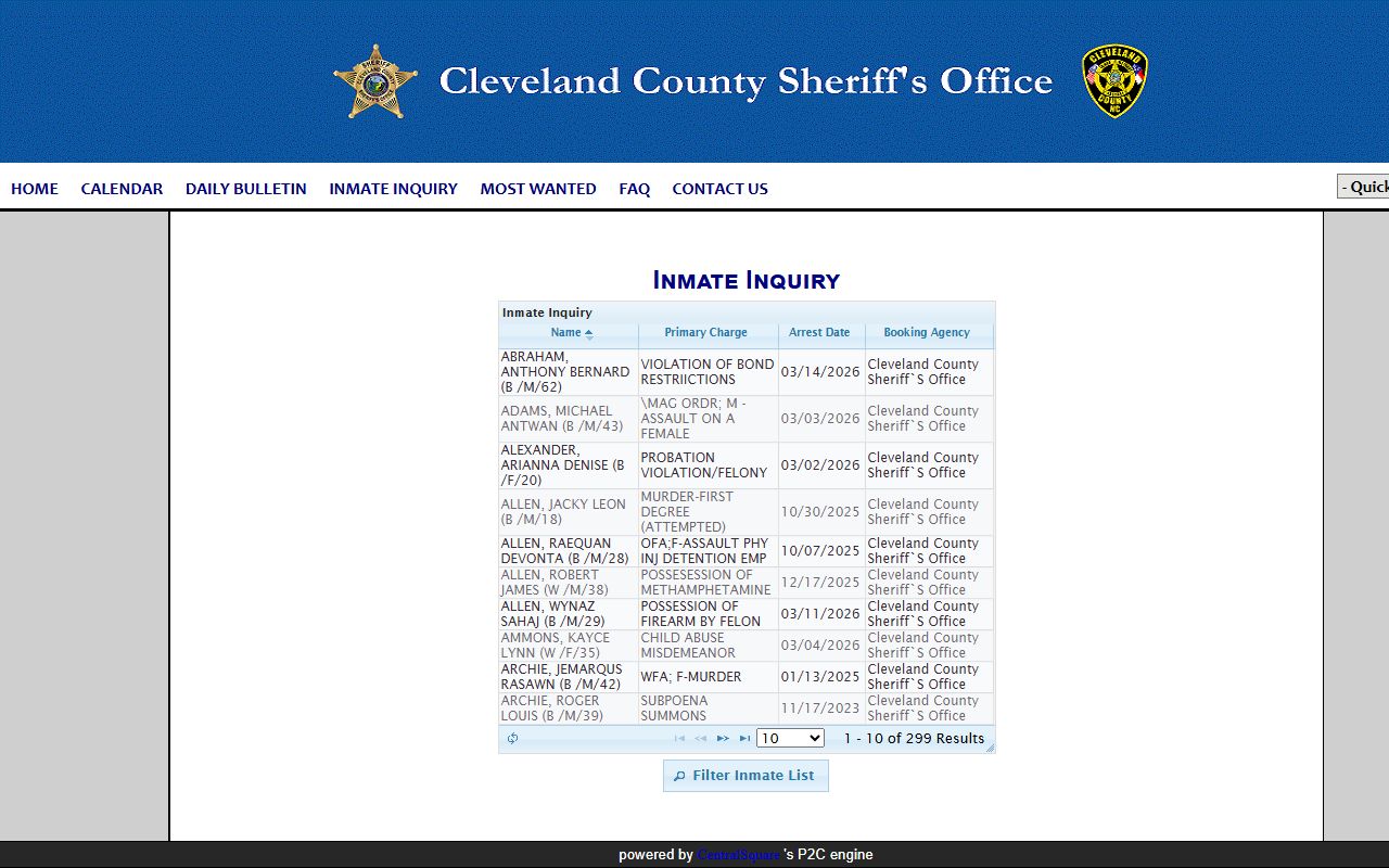 Cleveland County inmate inquiry police blotter portal