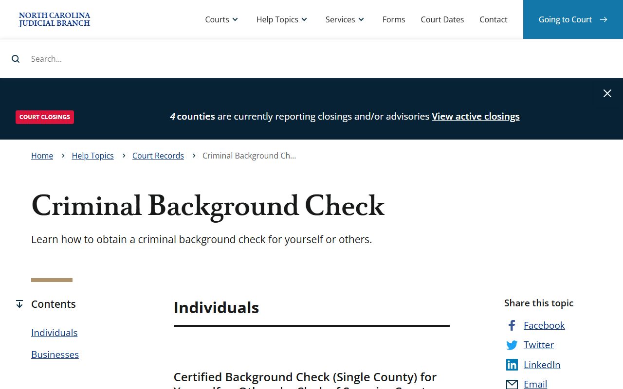North Carolina courts criminal background check page for police blotter searches