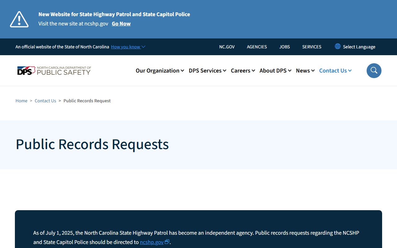 North Carolina DPS public records request page for police blotter access