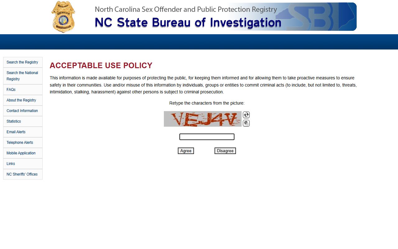 North Carolina sex offender registry search page related to police blotter data