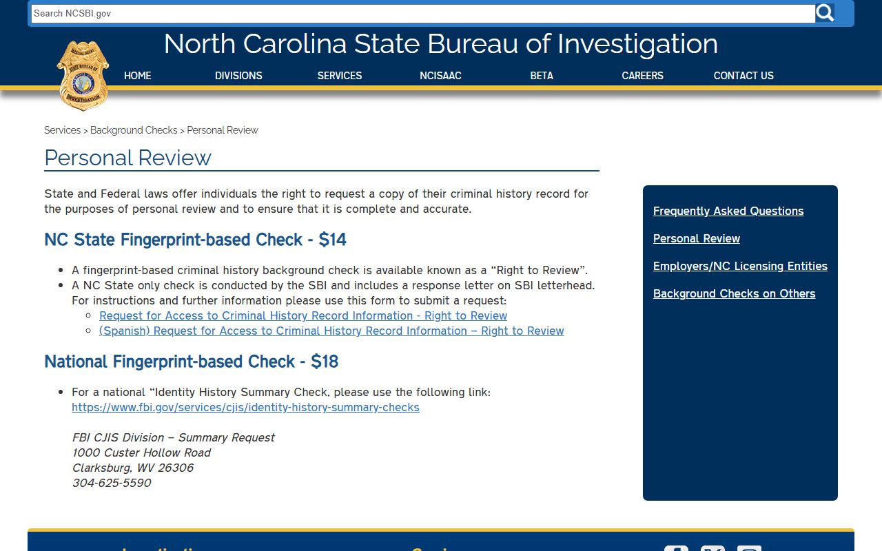 North Carolina SBI background checks personal review page for police blotter records