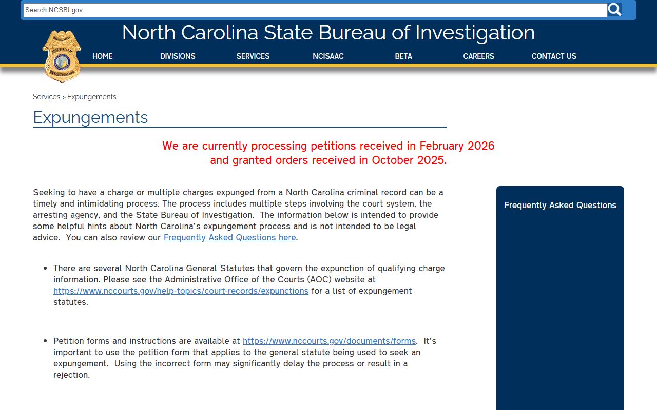 North Carolina SBI expungements processing page for police blotter record removal